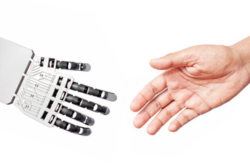 Robot and man handshake