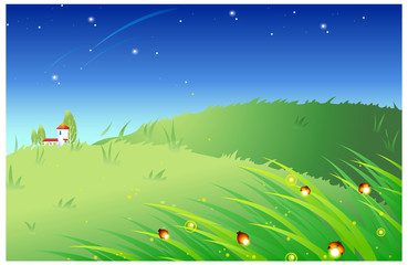 Grass with illuminated fireflies
