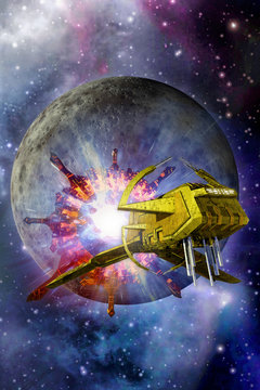 spaceship warp and moon