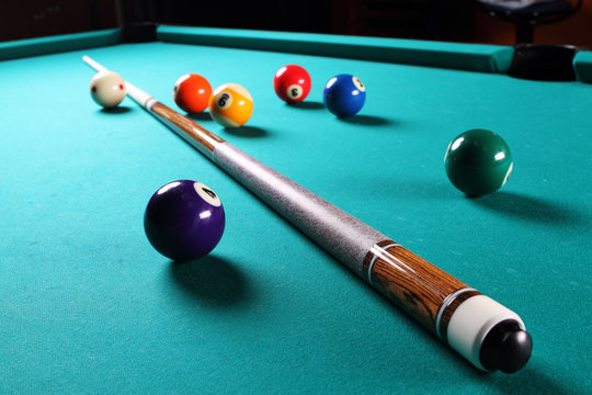 Billiard table with balls. Close-up.