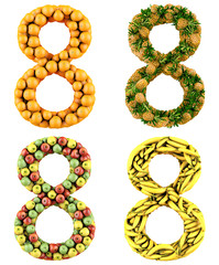 Number 8, made of oranges, pineapples, apples and bananas