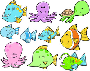Fototapeta premium Ocean Sea Creatures and Fish Set