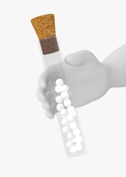 3d render of cartoon character with homeopathics flask
