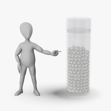 3d render of cartoon character with homeopathics flask