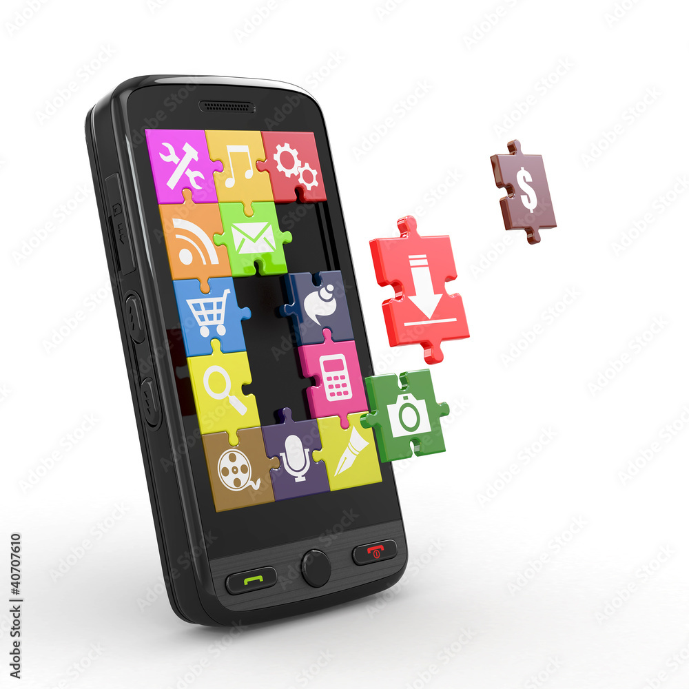 Poster mobile phone software. screen from puzzle with icons.
