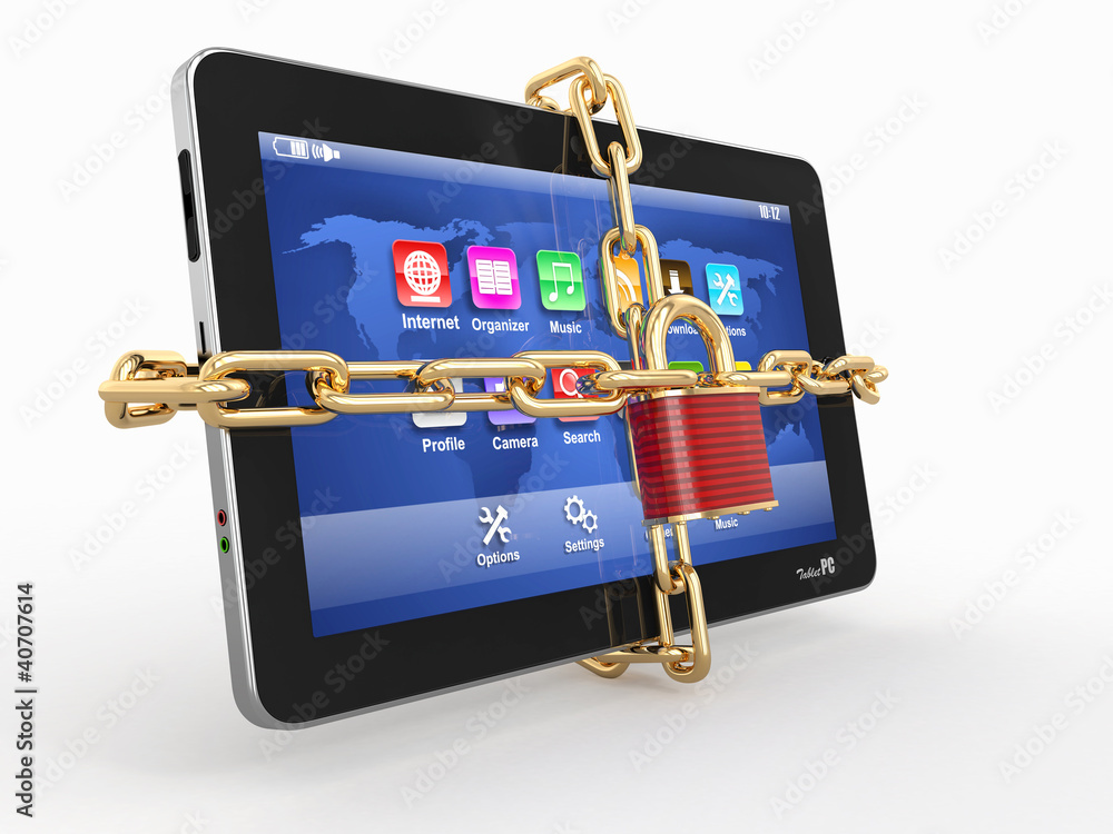 Poster Tablet pc security. Chain with lock on computer.