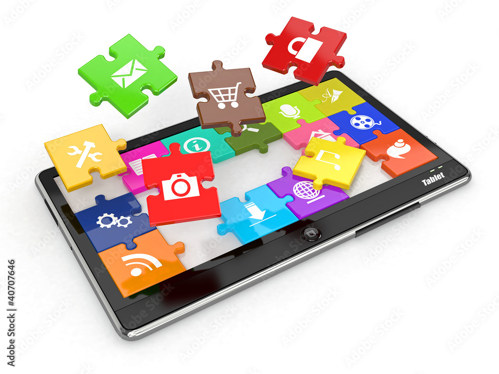 Poster tablet pc software. screen from puzzle with icons.