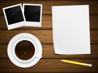 Obraz na płótnie Canvas Coffee cap, white paper, photo frame and pencil.