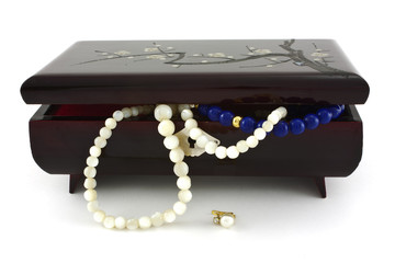 jewelry box with pearl necklaces falling