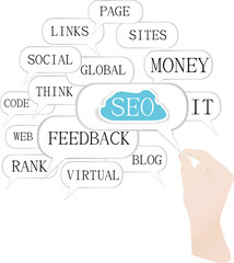 Hand and cloud of search engine optimization theme