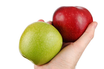 Two apples in a hand on a white background