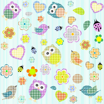 Seamless flowers and owl pattern in vector