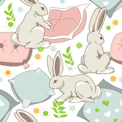 Cute rabbits go to sleep, seamless pattern for children