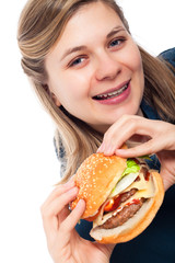 Happy beautiful woman with hamburger