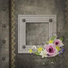 Old vintage album cover with frame, flowers, lace