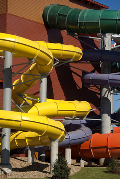 Colorful water park slide looping around in circles