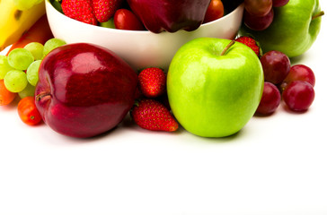Fresh fruit on plate  Isolated on white