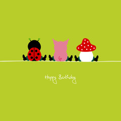 Sitting Ladybug, Pig & Fly Agaric "Happy Birthday" Green