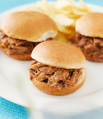 three pulled pork bbq mini sandwhich sliders.