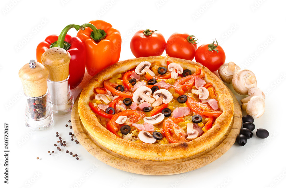 Canvas Prints aromatic pizza with vegetables and mushrooms isolated on white