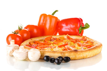 Aromatic pizza with vegetables and mushrooms isolated on white