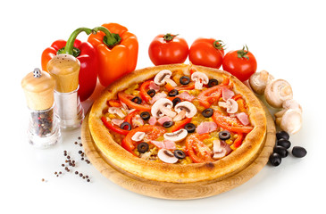 Aromatic pizza with vegetables and mushrooms isolated on white