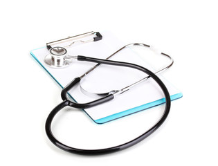 Stethoscope and blank clipboard isolated on white