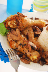 chicken legs with mushrooms and rice