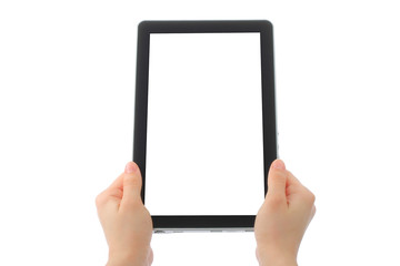 Woman hands holding touch screen device on white background