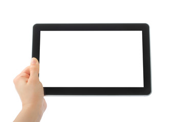 Woman hand holding touch screen device on white background