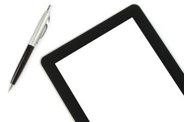 Touch screen device and pen on white background