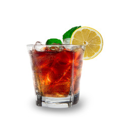 cooled Cola drink with ice cubes over white