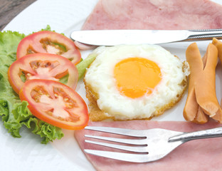 fried egg, sausage and ham for breakfast