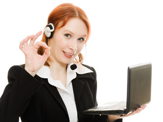 Woman operator helpline with laptop computer