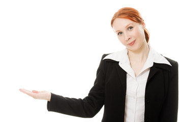 Obraz premium A young beautiful business woman pointing