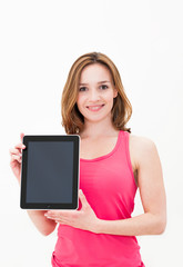 woman showing tablet screen