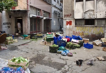 Alley with a garbage and vegetables in Istanbul, Turkey