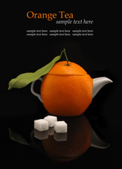 Orange teapot & sugar on black background
