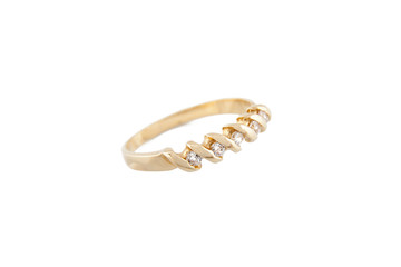 Gold ring with clear stones on white background