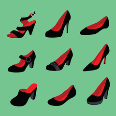 Women shoes silhouettes isolated on green background.
