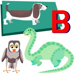 B basset hound, barn owl and brontosaurs