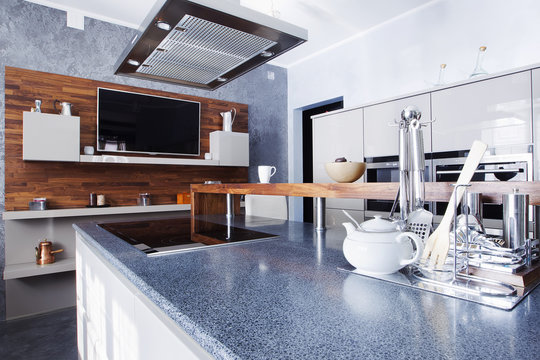 interior of modern kitchen in luxury mansion