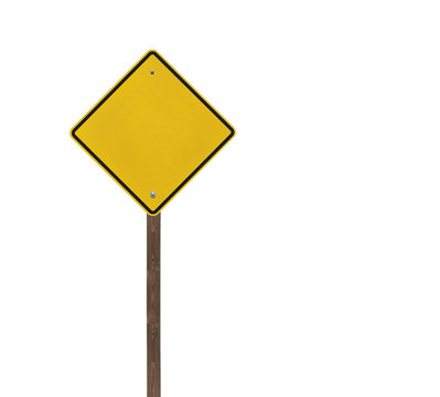 Tall Blank Isolated Caution Sign with Wood Post