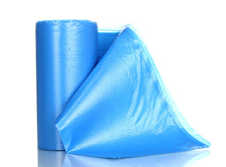 Roll of blue garbage bags isolated on white