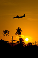 Silhouette landing plane at sunset