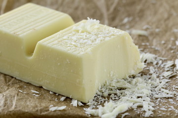 white chocolate pieces on a wooden board