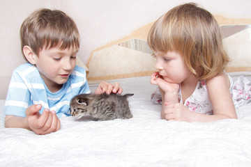 Fototapeta na wymiar two children with kitten at home