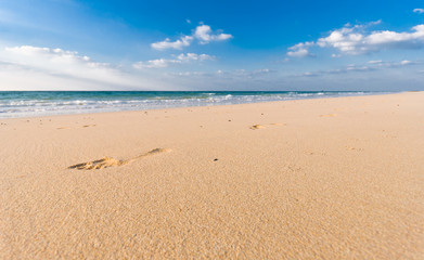 sandy beach with lots of footprints and a blue sky with clouds