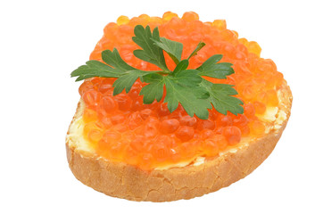 Naklejka na ściany i meble Sandwich with red caviar and parsley