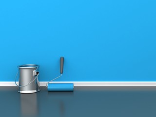 painted wall with a paint roll with blue paint can